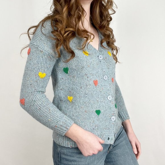 Vintage Hand Knit Embroidered Hearts Cardigan Sweater Cute Cozy Girly Handmade - Picture 2 of 8